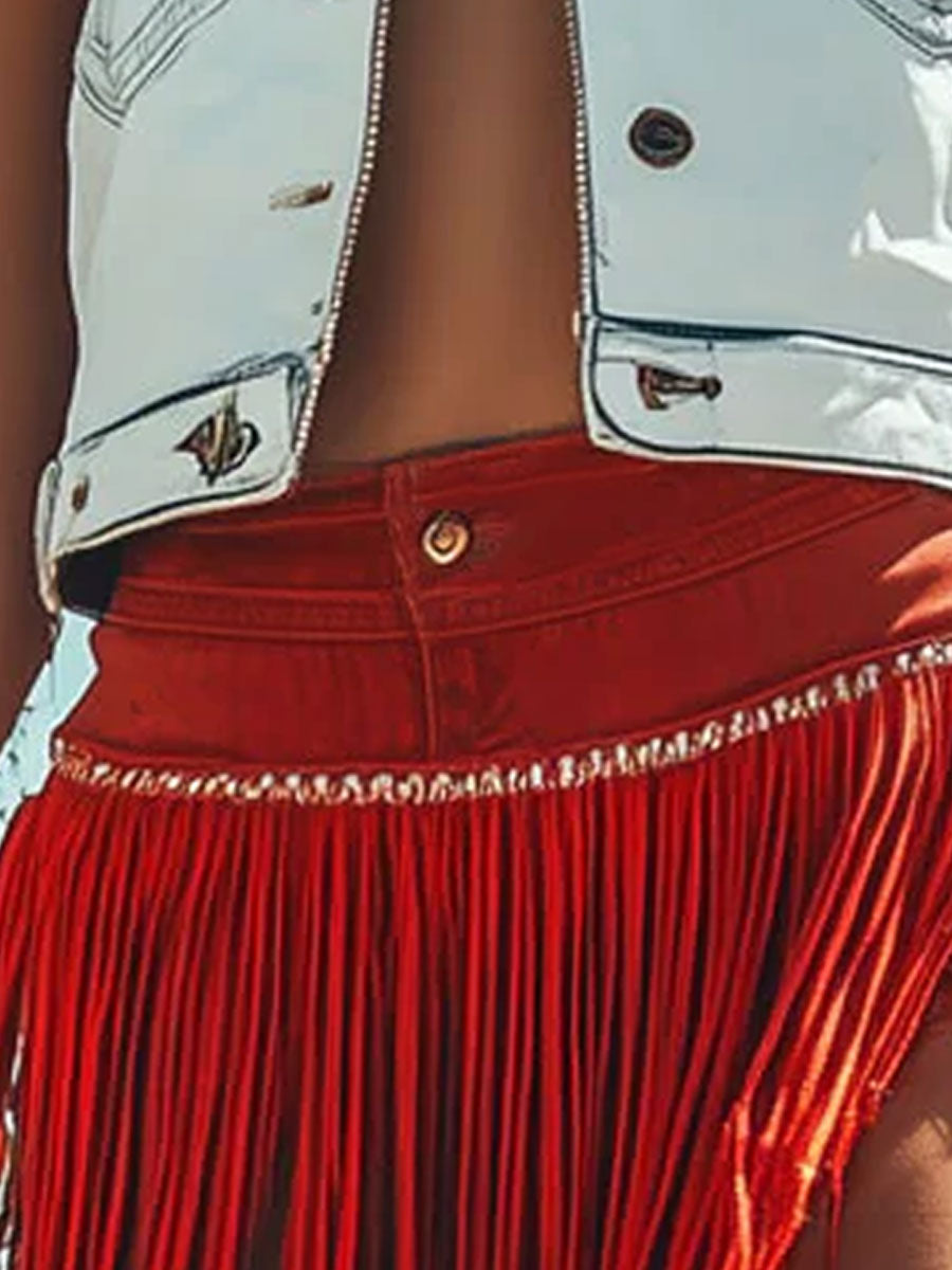 Shorts Frangés en Coton Rouge Vintage - Expédition Rapide en 24 Heures