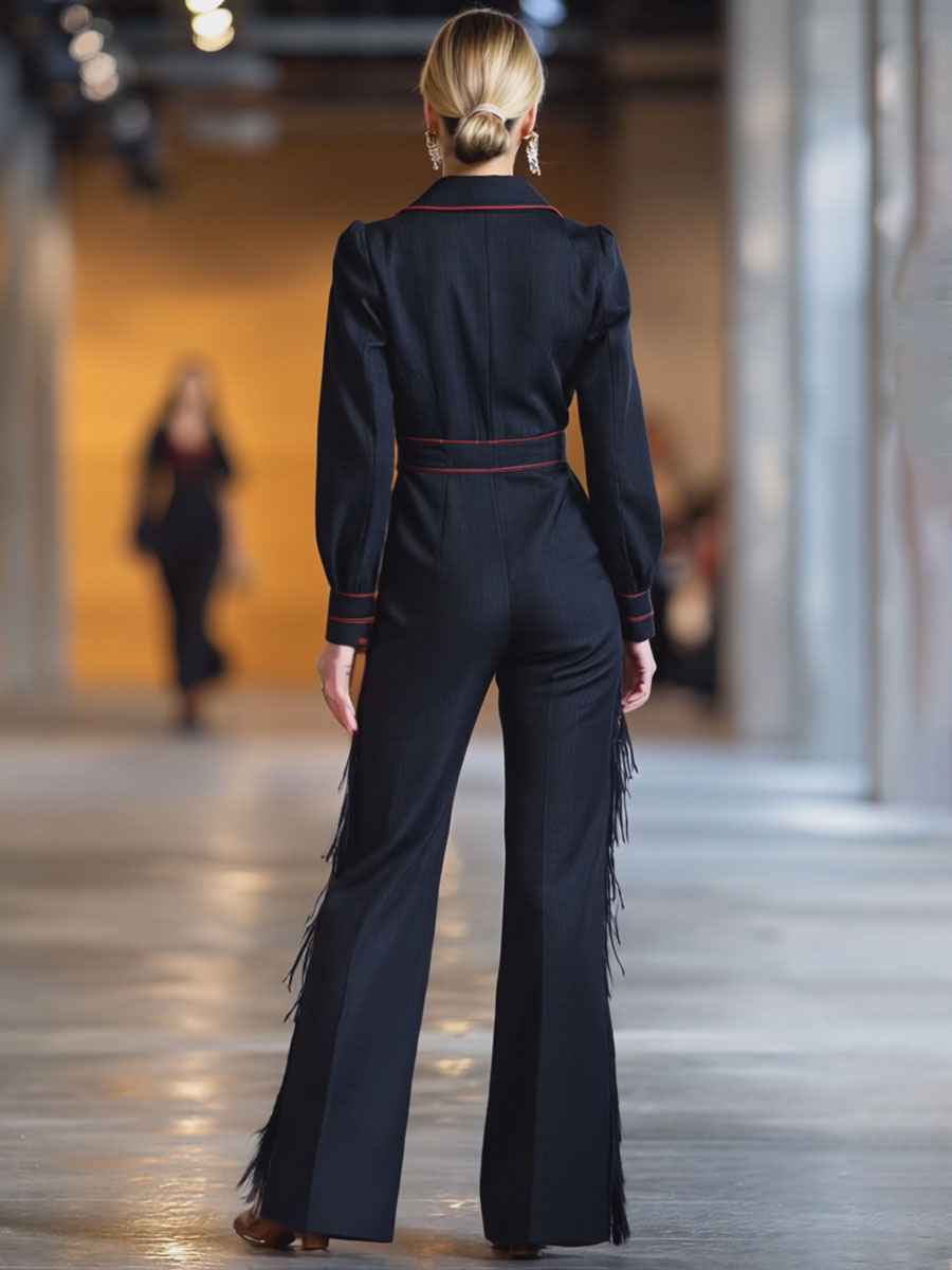 Combinaison Rétro en Denim Marine avec Franges et Surpiqûres