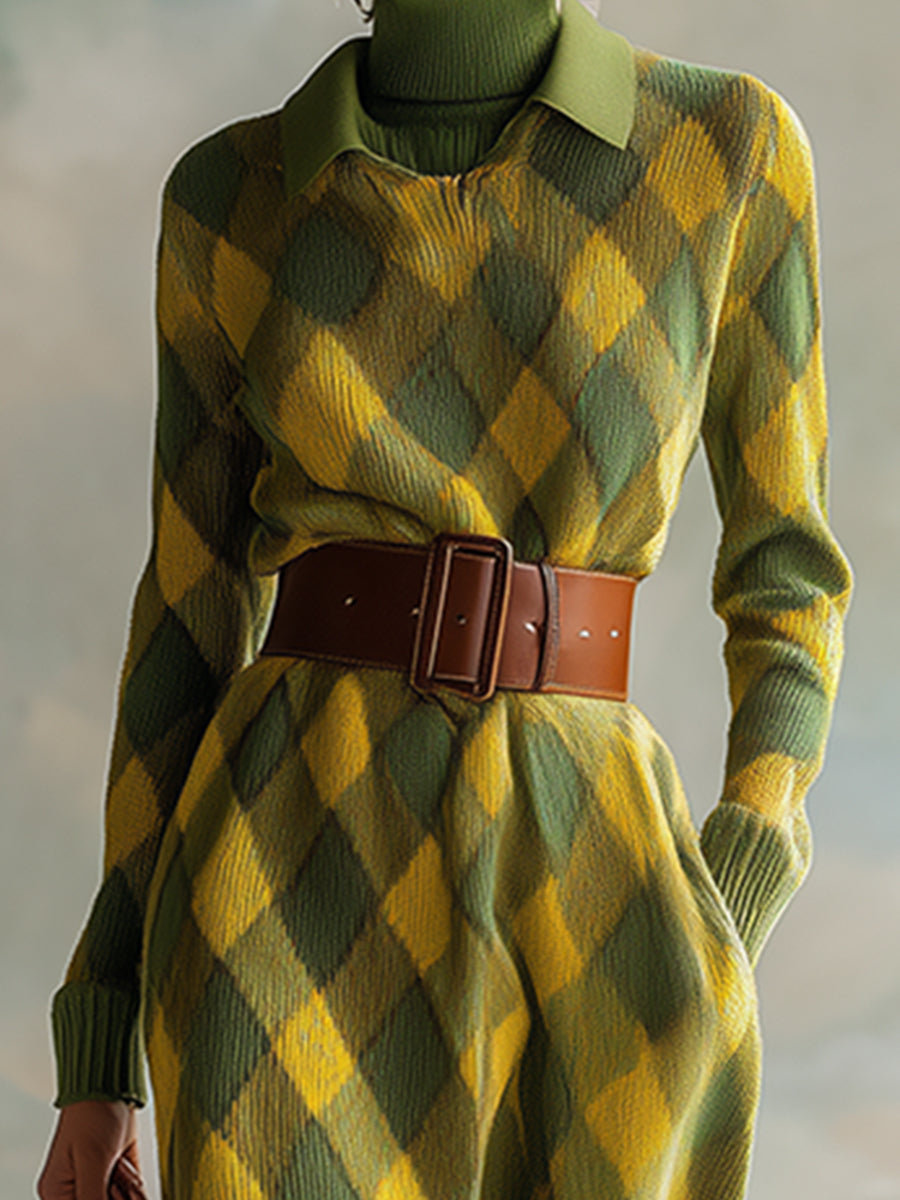 Robe Maxi Tricotée à Motif Carreaux Jaunes et Verts avec Détails Rétro Urbains
