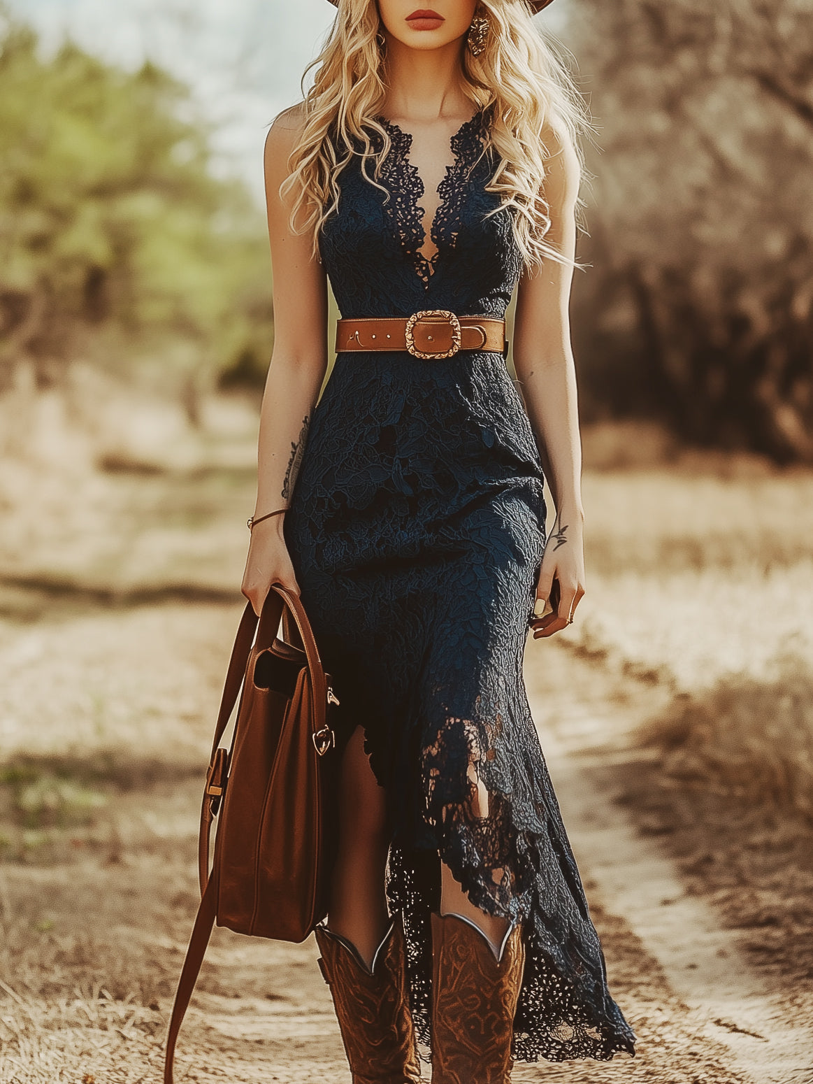 Robe Midi Bohème Vintage en Dentelle Bleue - Expédition Rapide sous 24 Heures