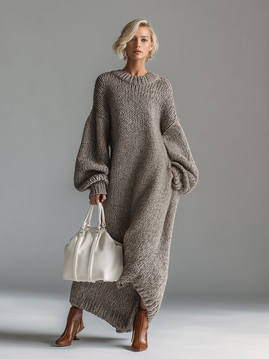 Chic et Urbaine : Robe Maxi Tricotée Khaki à Col Rond