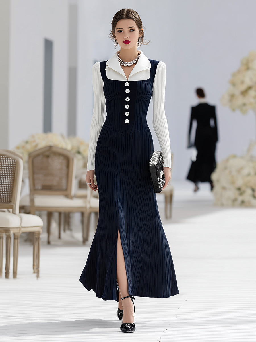Robe Maxi à Boutons Fendue - Ensemble Élégant Bleu et Blanc