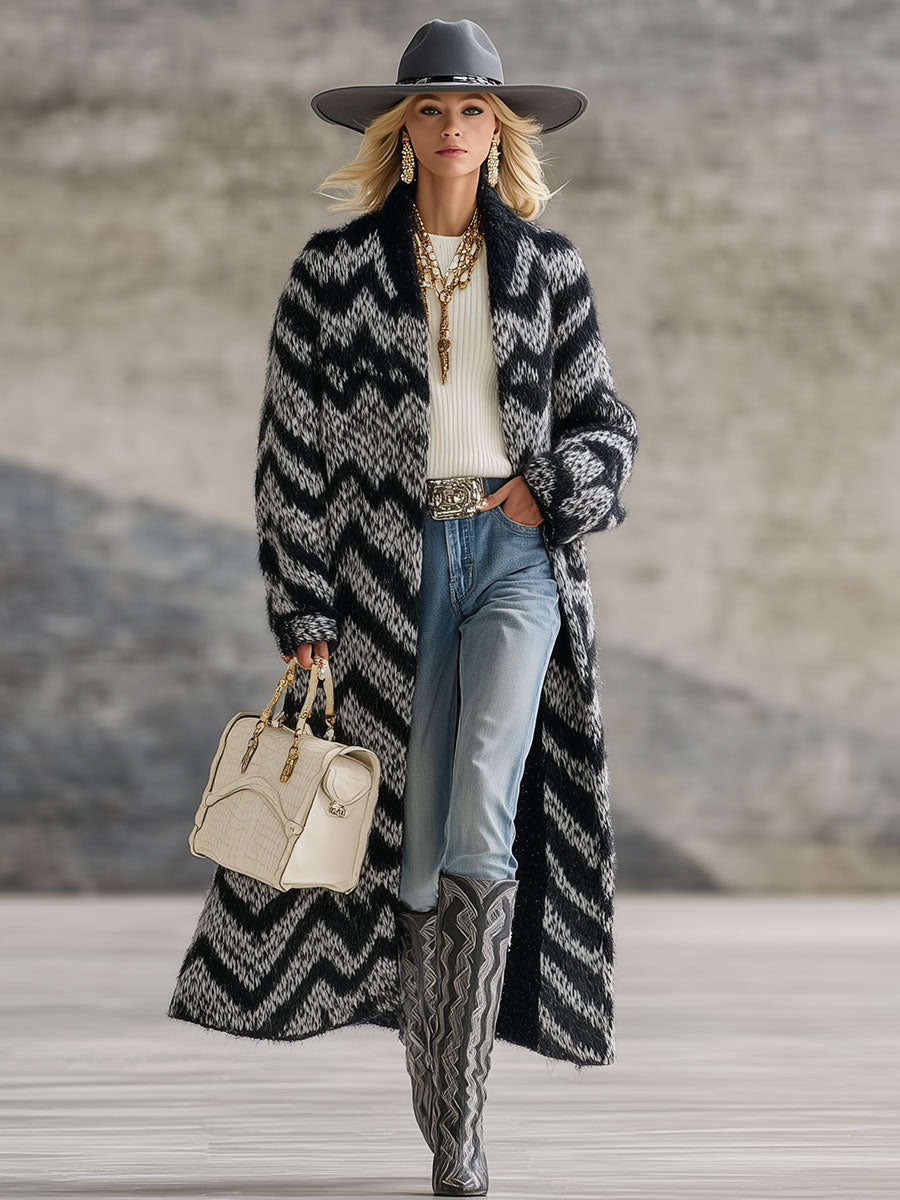 Cardigan Rétro à Rayures Zigzag Noir et Blanc