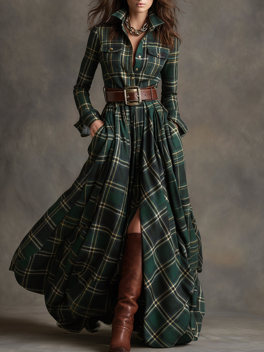 Robe Maxi Rétro à Carreaux Marron Rouge avec Col Ethnique