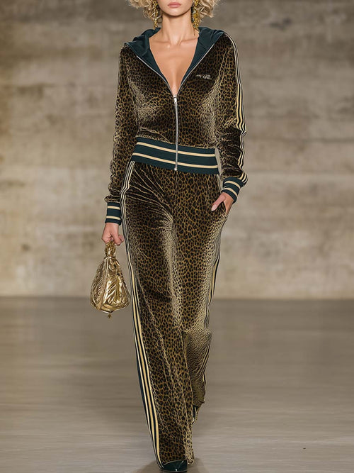 Ensemble Vintage Chic : Sweat à Capuche et Pantalon en Velours Imprimé Léopard Vert
