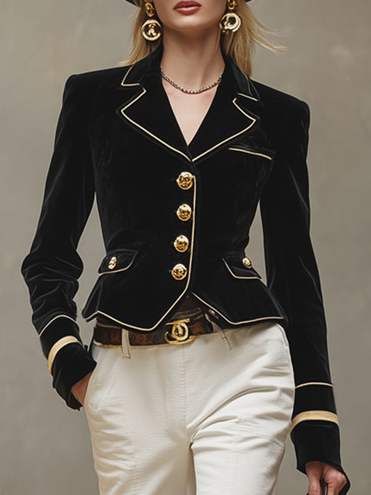 Blazer Noir en Velours à Revers Classique avec Éléments Dorés