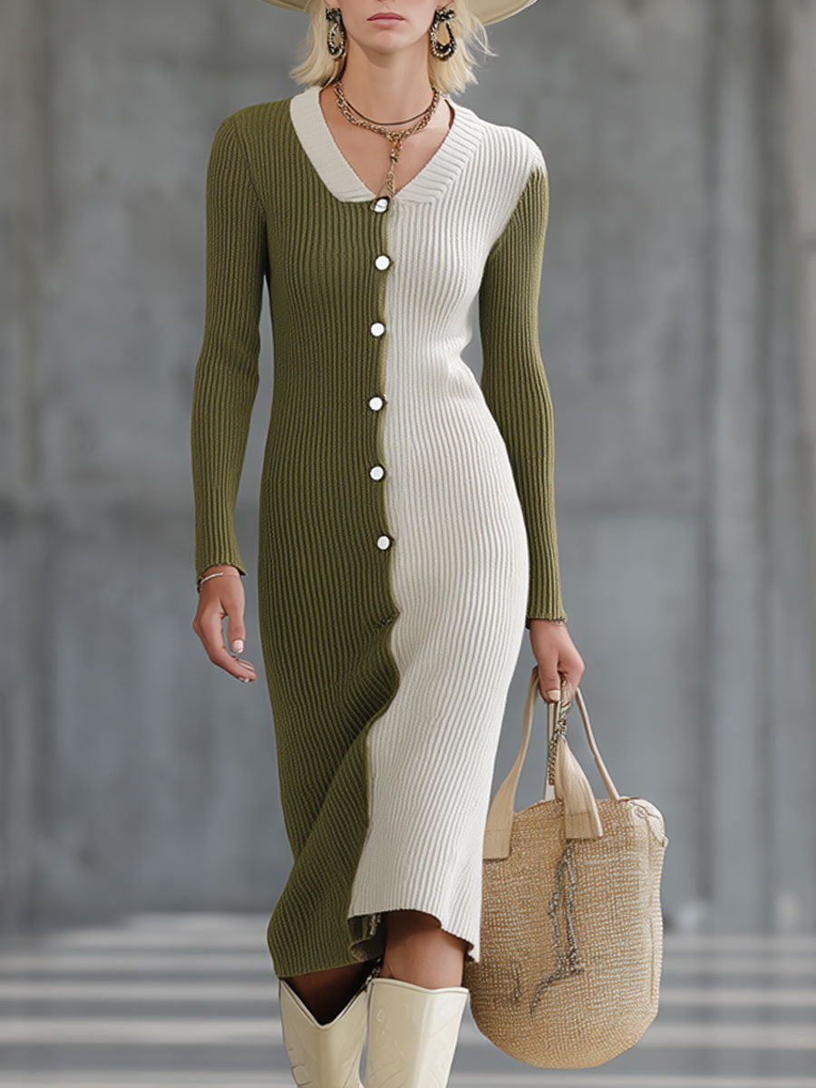 Robe Midi Vintage en Laine Tricotée - Vert Mousse et Blanc