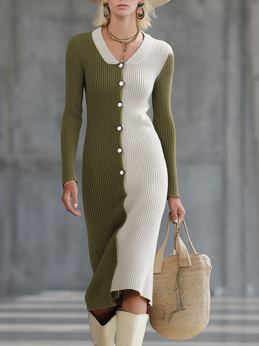 Robe Midi Vintage en Laine Tricotée - Vert Mousse et Blanc