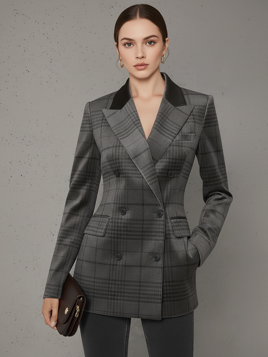 Veste en velours à double boutonnage au motif vichy rétro