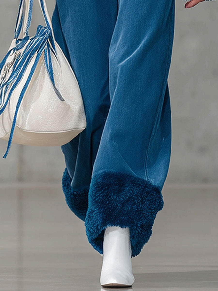Jean Vintage Bleu Décontracté en Polaire - Coupe Largement Retroussée