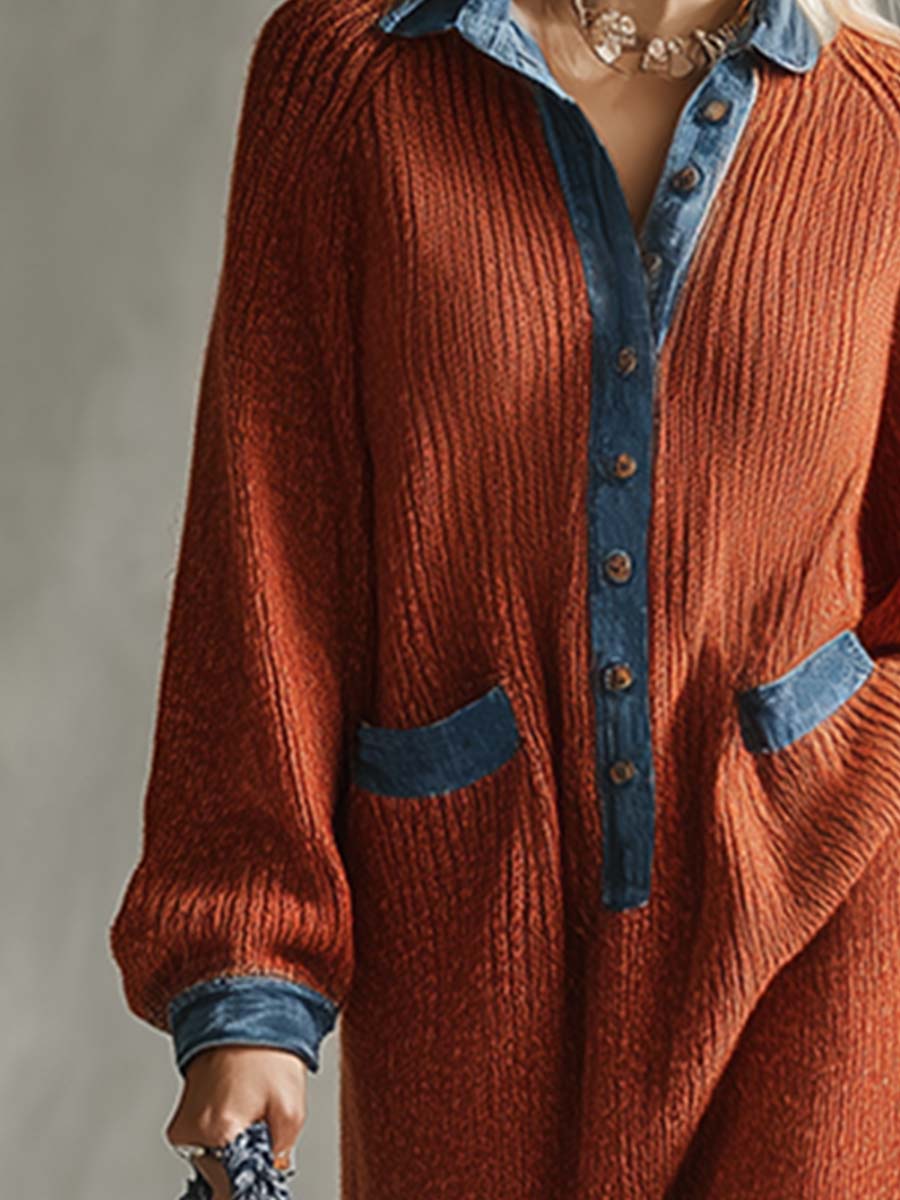 Robe Maxi Tricotée Orange au Style Décontracté avec Finitions en Denim