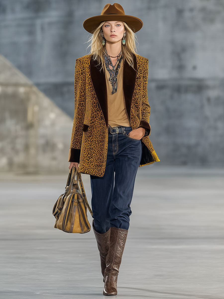 Veste Vintage en Velours Doré avec Imprimé Léopard