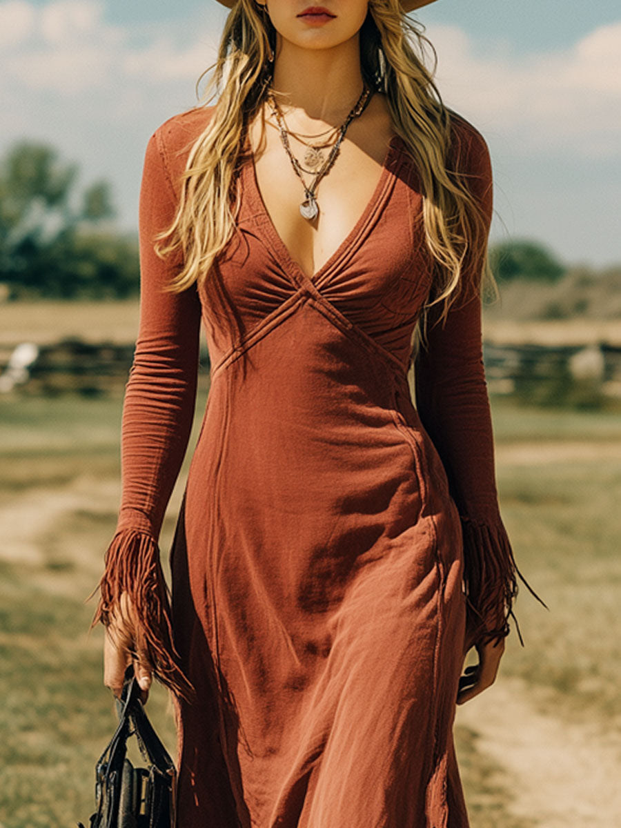 Robe Maxi Vintage en Coton Rouge Brique à Manches Longues et Franges