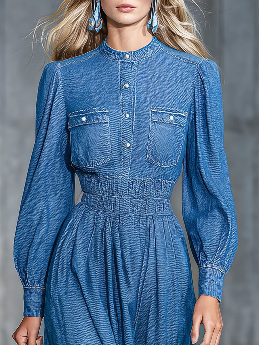 Robe Midi en Denim avec Col Rond Élastique et Manches Amples" could be rewritten as:
"Robe Midi en Denim : Élégance Décontractée avec Col Élastique et Manches Amples