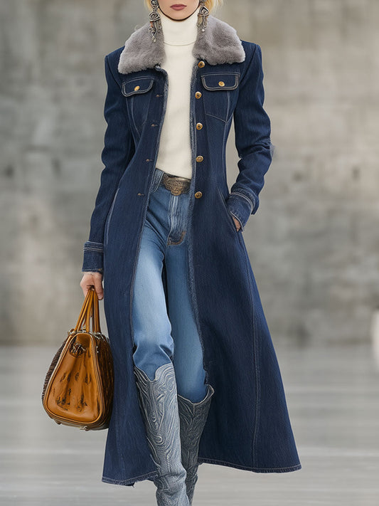 Veste Longue en Denim Bleu Nuit avec Col en Fourrure Vintage et Finishing en Fourrure