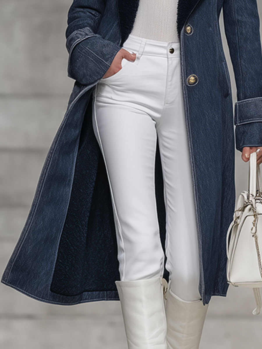 Veste en Jean Vintage Casual Doublée en Polaire Bleu Marine