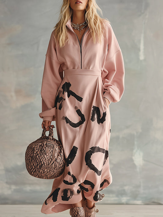 Pull Demi-Zip Rose avec Imprimé Urbain Tendance