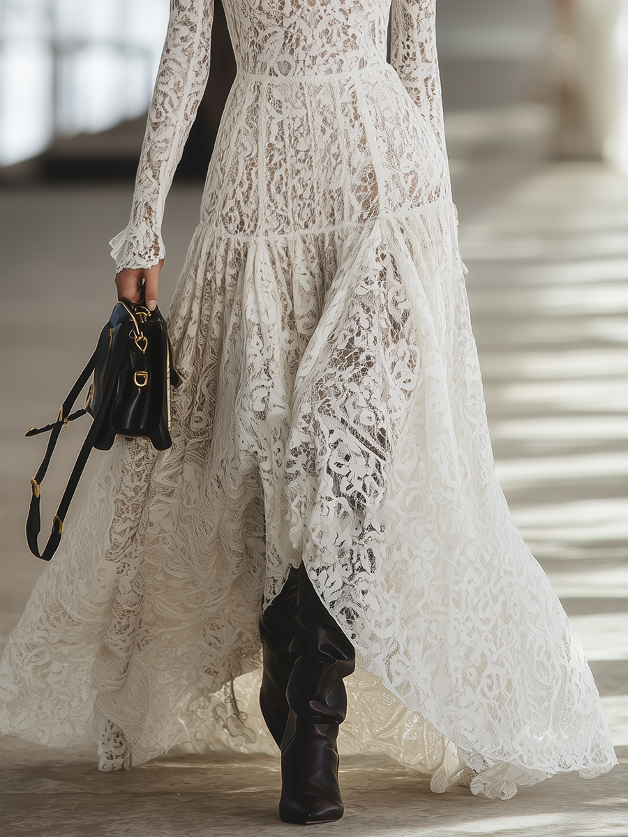 Robe Maxi Rétro en Dentelle Élégante avec Col Montant et Manches Longues