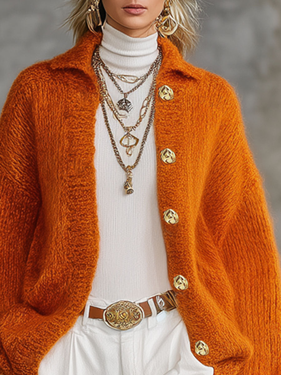 Cardigan Orange Tricoté avec Col Revers et Boutonnage Simple