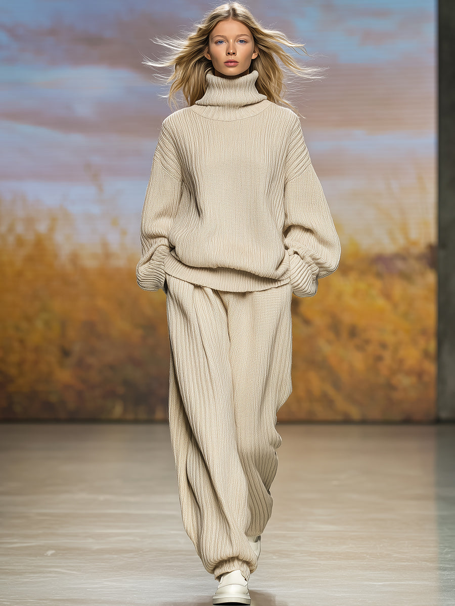 Chic Ensemble Tricoté Beige avec Turtleneck et Pantalon Décontracté