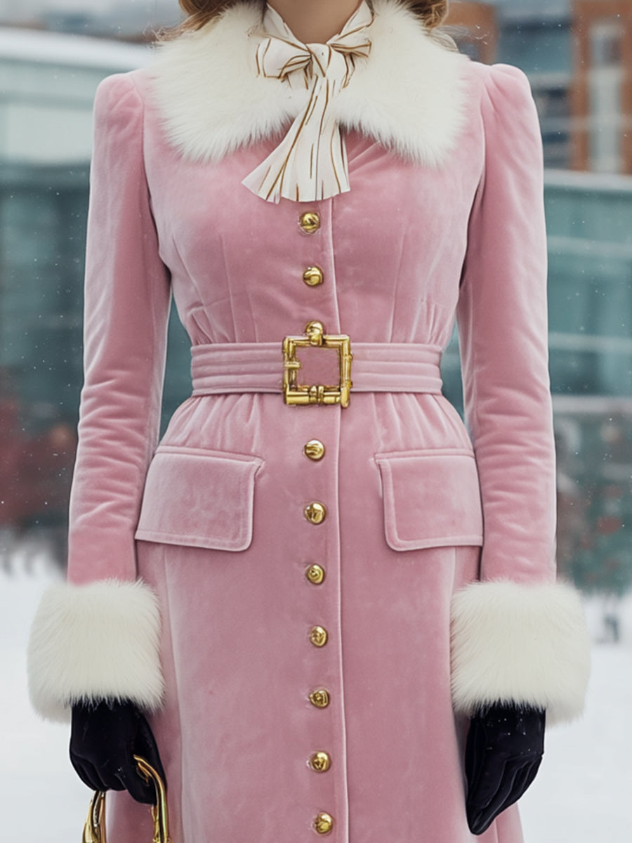 Veste en Velours Rose avec Col et Manches en Fourrure Boutonnées