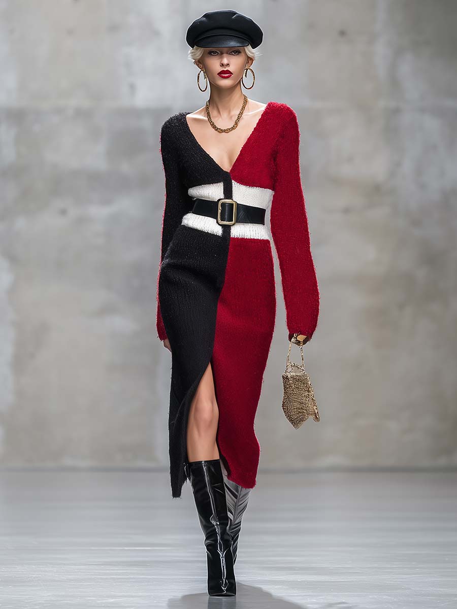 Robe Midi Tricotée à Col V en Blanc, Noir et Rouge avec Fente Élégante