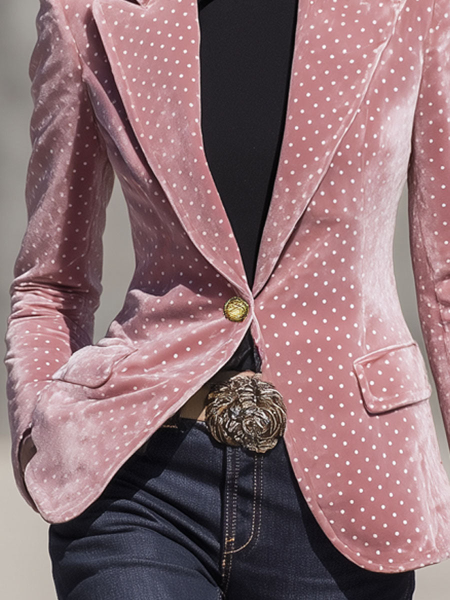Blazer en velours rétro à pois blancs - Élégance à un bouton