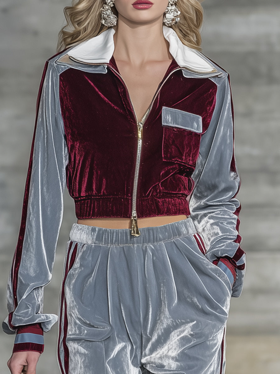 Veste en velours chic à contraste de couleurs avec pantalon à jambes larges tendance