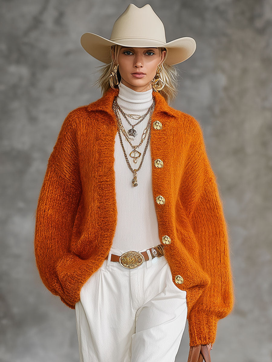 Cardigan Orange Tricoté avec Col Revers et Boutonnage Simple