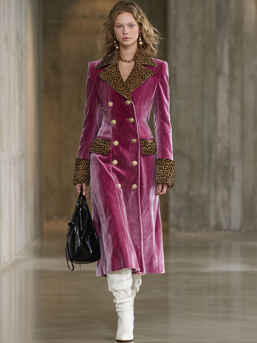 Long Velvet Rose Red Coat with Vintage Brown Leopard Print