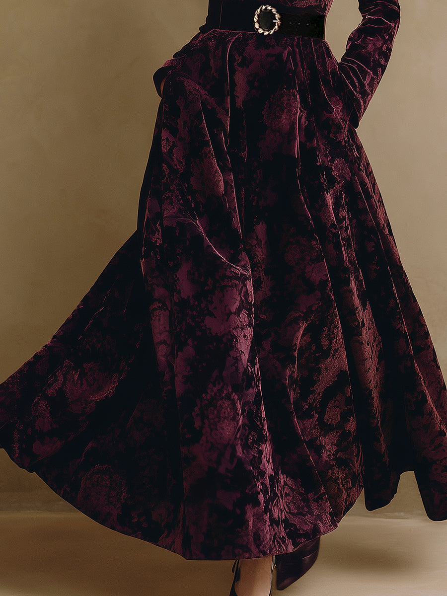 Robe Maxi en Velours Jacquard Bordeaux Élégante