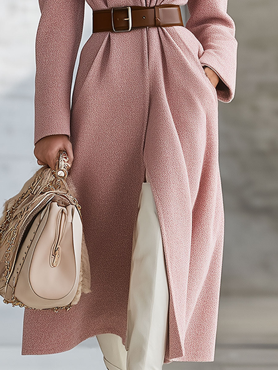 Veste en Laine Synthétique Rose avec Col en Similicuir