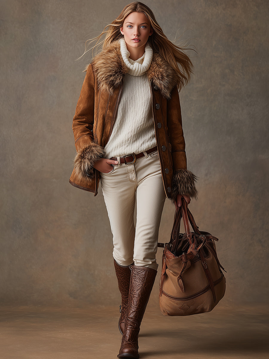 Veste en Suède Synthétique Marron avec Éléments en Laine Vintage Style Western
