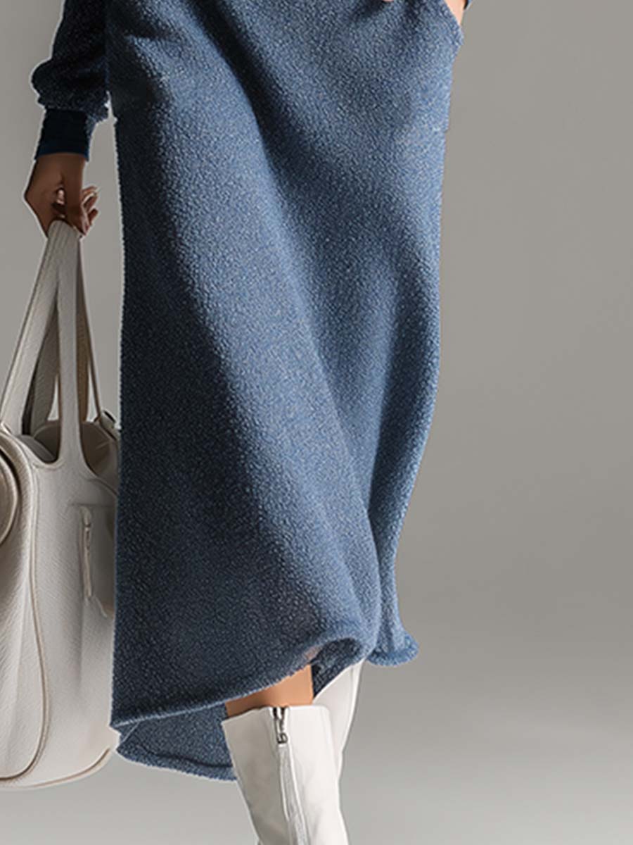 Robe Maxi Casual Bleue en Fleece Polaire Léger à Col V - Confort et Élégance