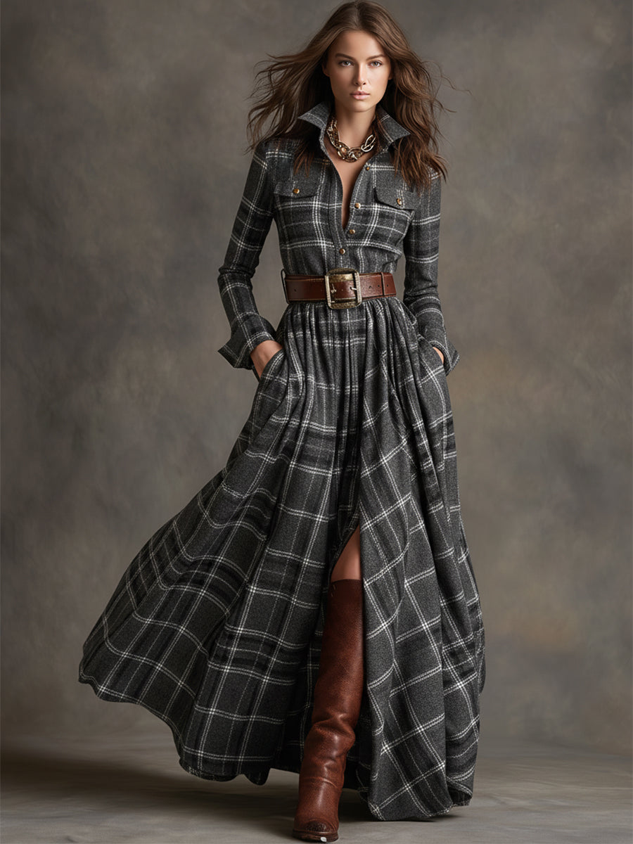 Robe Maxi Rétro à Carreaux Marron Rouge avec Col Ethnique