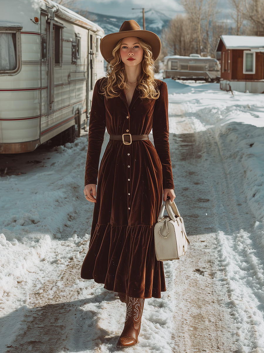 Robe Maxi Plissée en Velours Brun avec Revers et Détails Boutonnés
