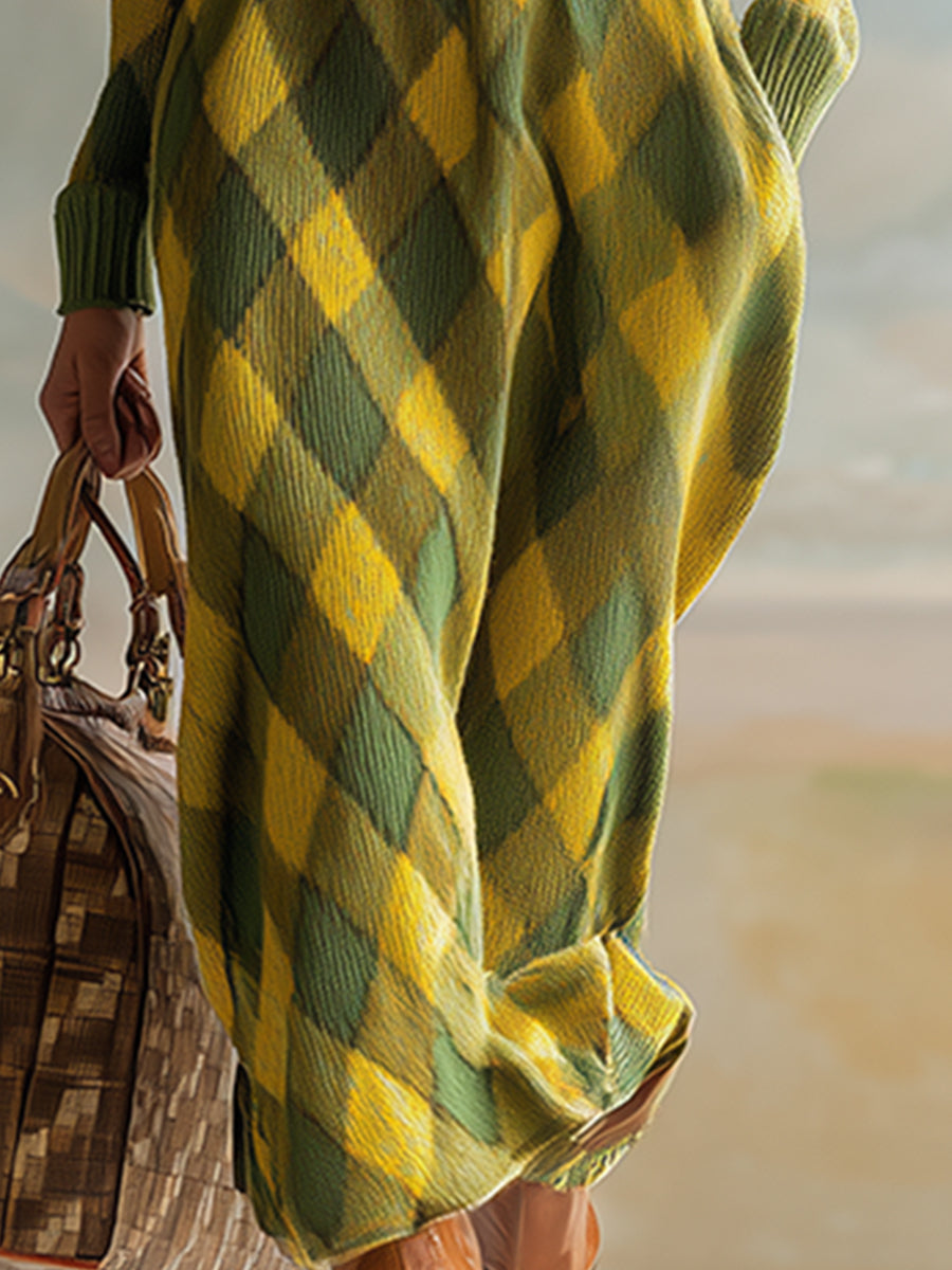 Robe Maxi Tricotée à Motif Carreaux Jaunes et Verts avec Détails Rétro Urbains
