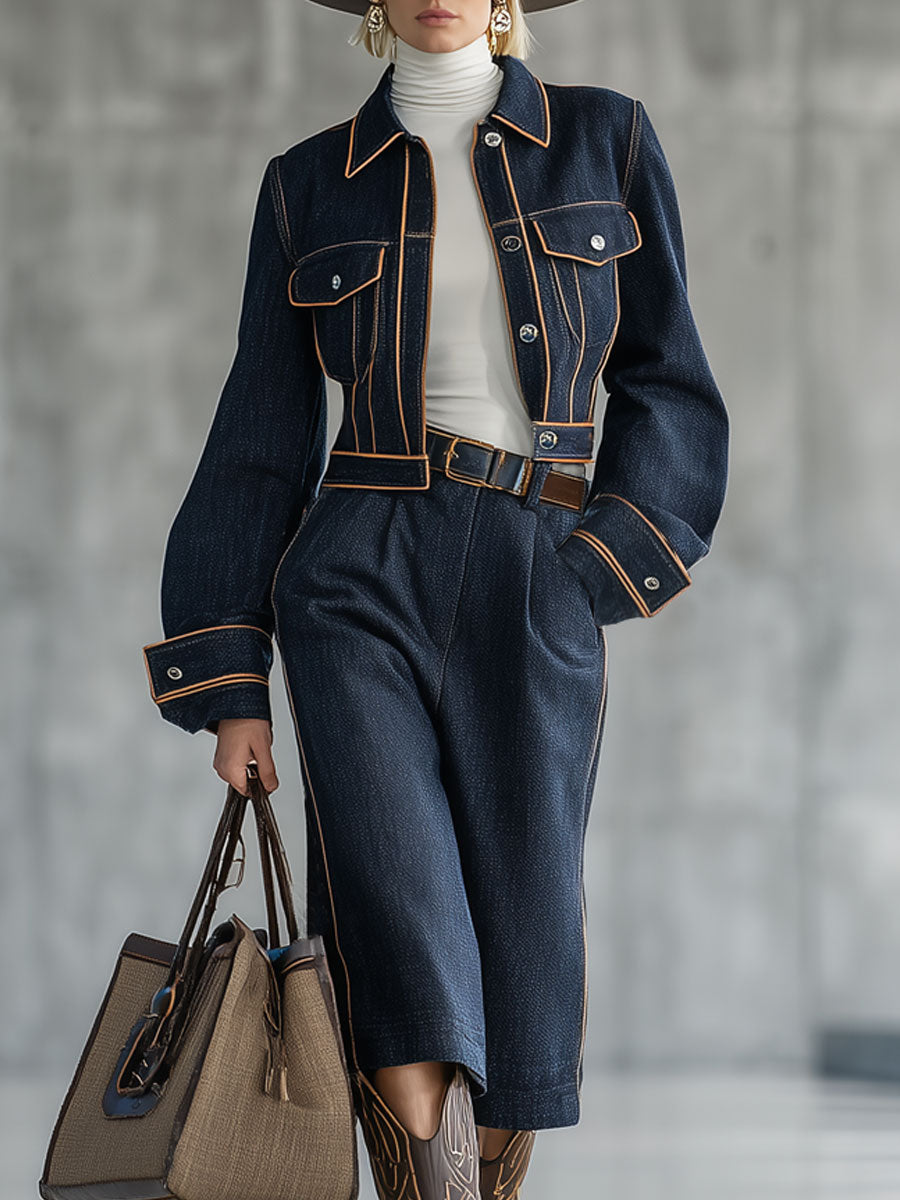 Ensemble Chic : Veste en Jean Navy au Style Rétro et Pantalon Court