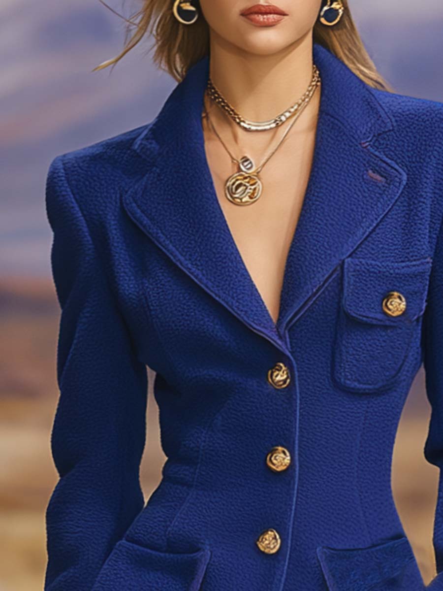 Blazer Décontracté en Polaire Bleu Royal avec Revers Notch - Élégance Rétro à Boutonnage Simple