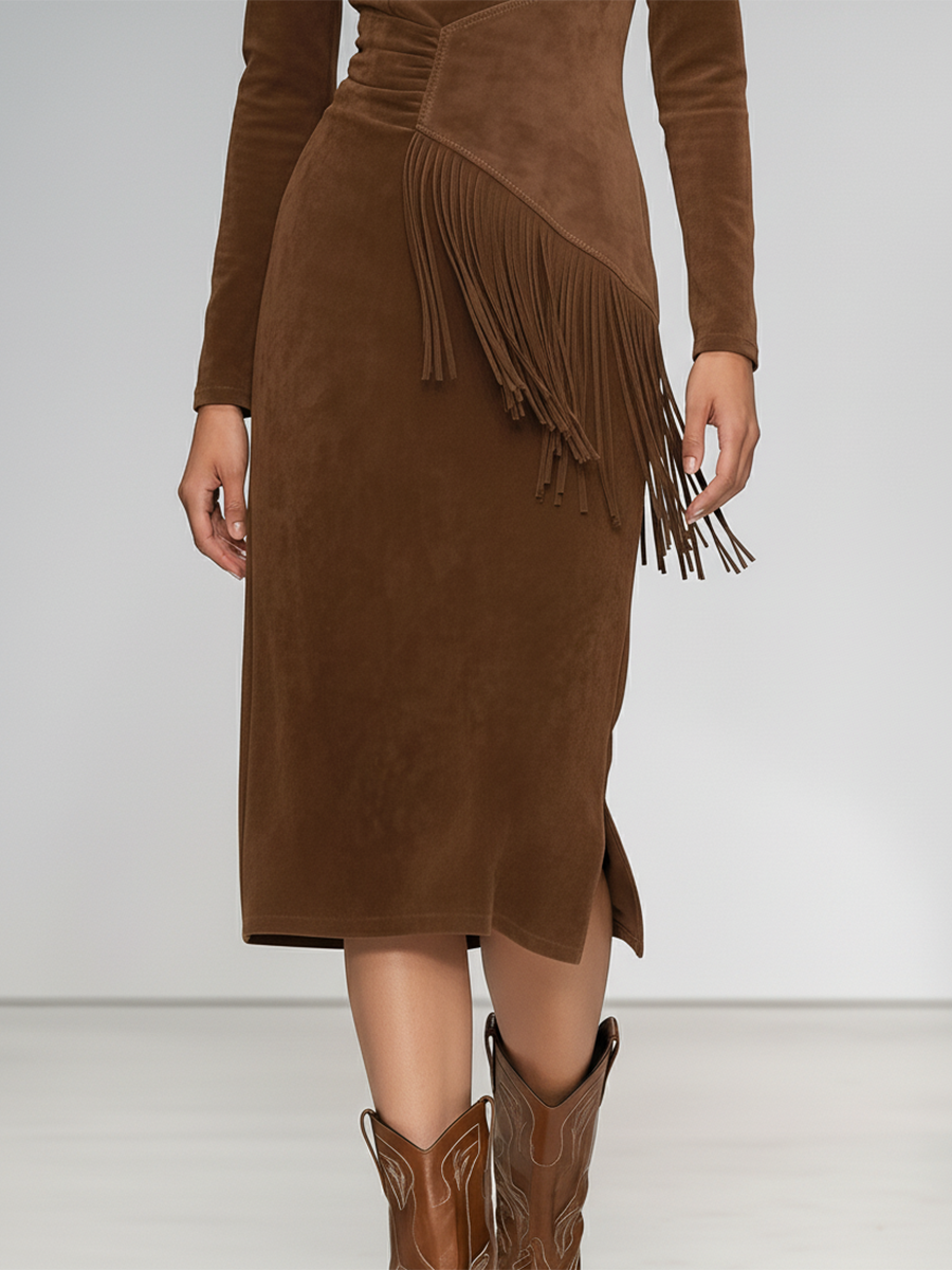 Robe Vintage à Col Ronde en Suède Synthétique avec Franges - Manches Longues