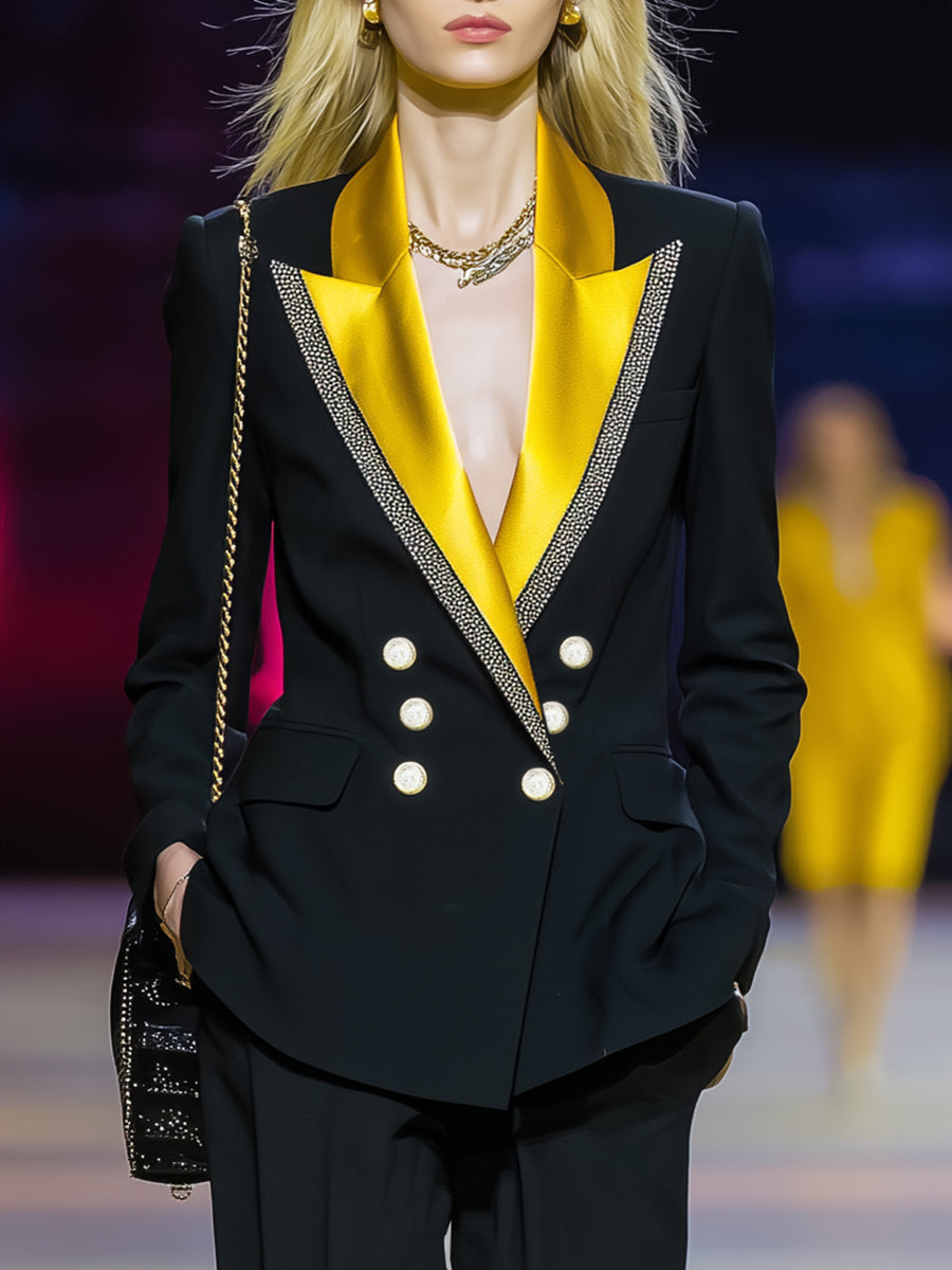 Veste Noir Élégante à Col Contrasté et Double Boutonnage