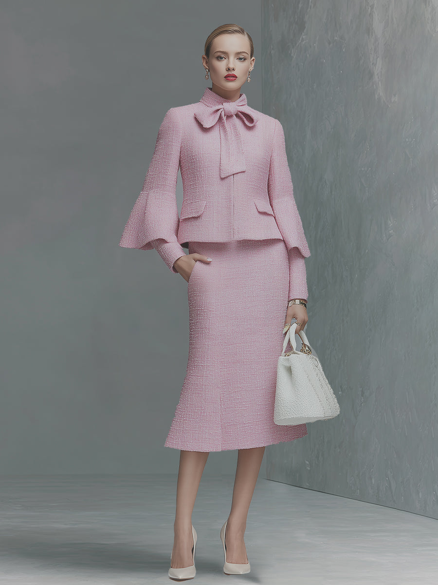Ensemble Chic en Tweed : Veste à Manches Trompette et Jupe Élégante avec Nœud