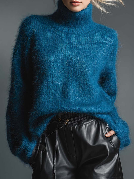 Élégant Pull en Mohair Bleu à Col Montant - Polyvalence et Chic
