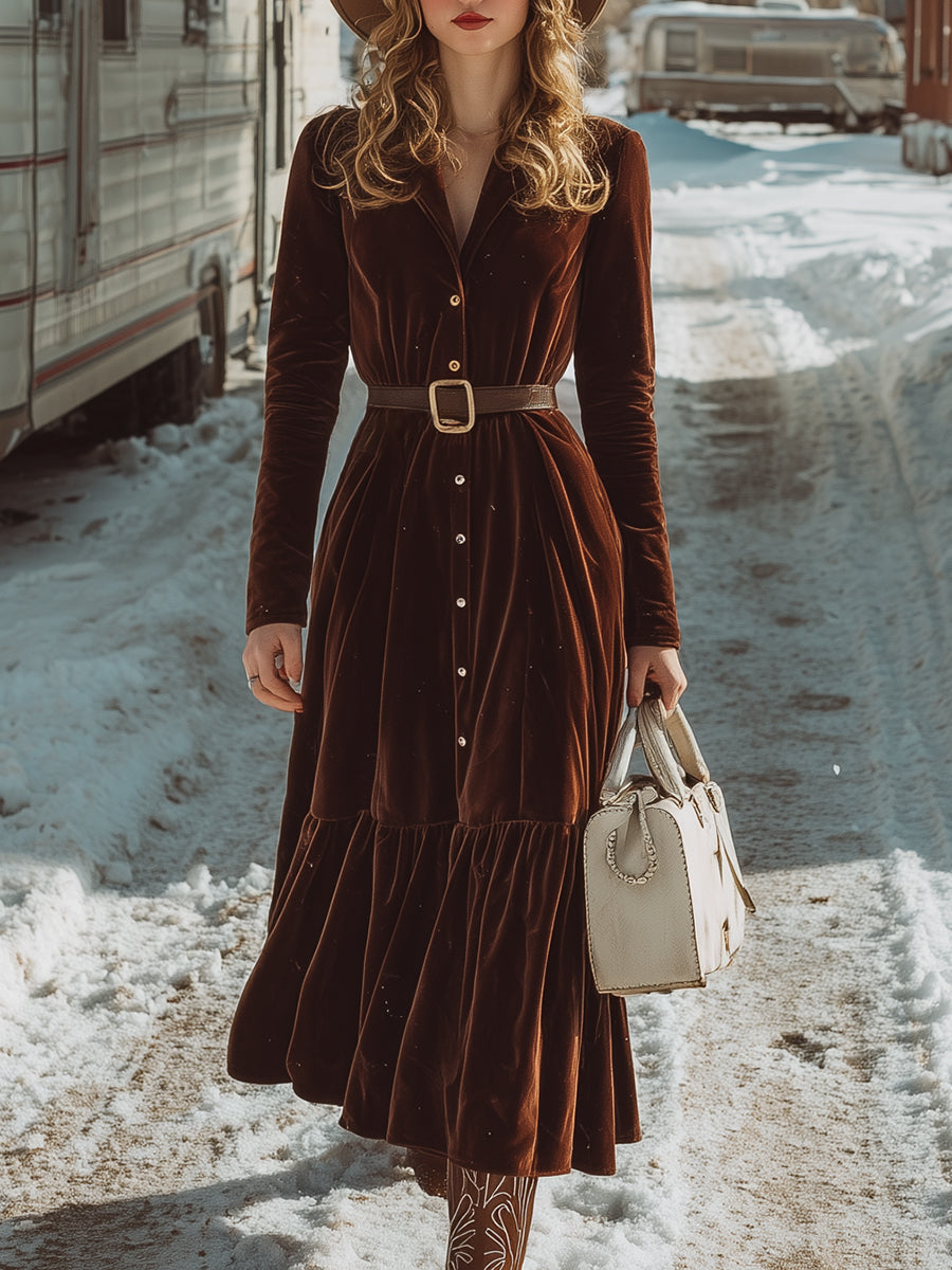 Robe Maxi Plissée en Velours Brun avec Revers et Détails Boutonnés