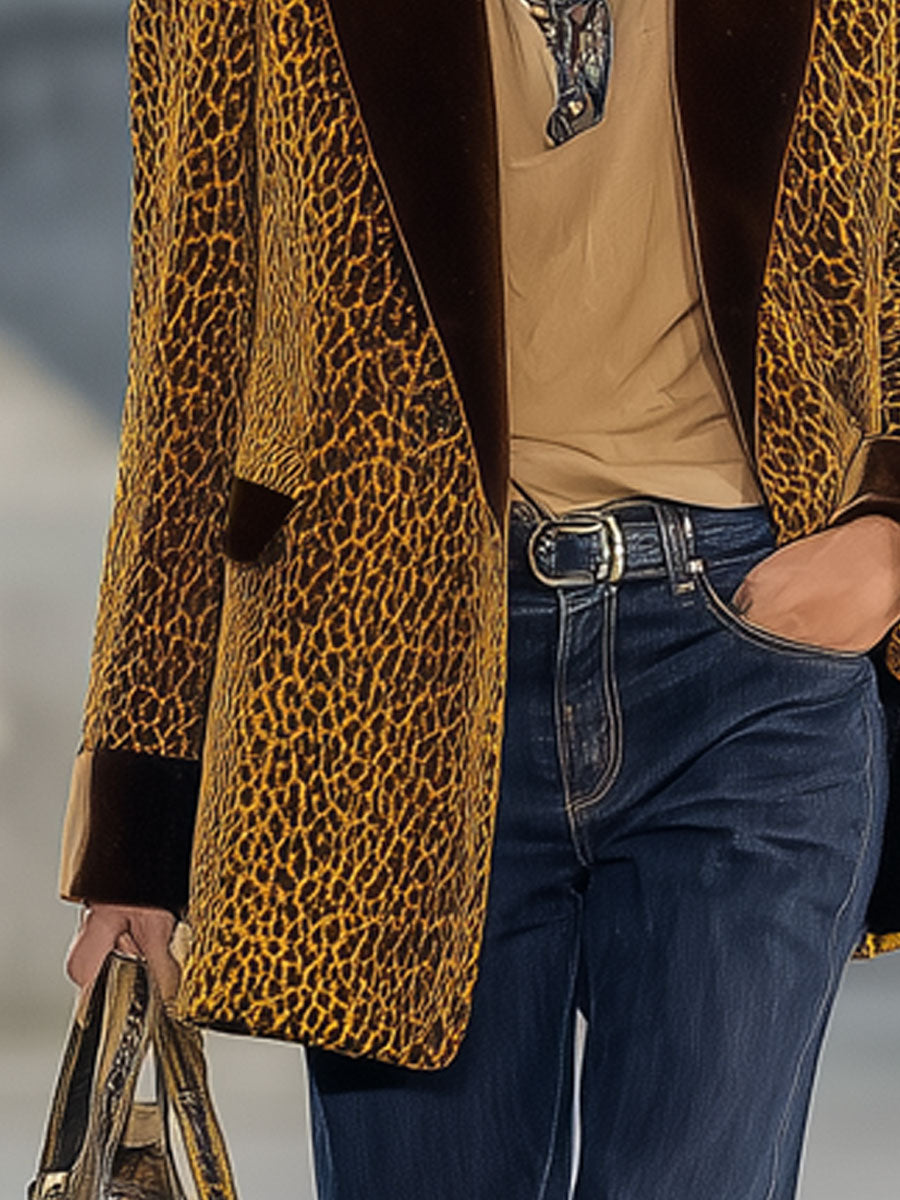 Veste Vintage en Velours Doré avec Imprimé Léopard