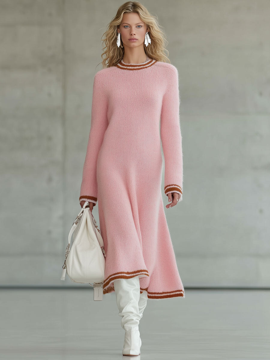 Robe Midi A-Line Tricotée Rose au Bord Brun Vintage