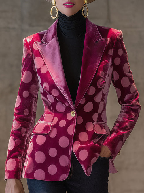 Élégant Blazer Rétro en Velours à Pois - Bouton Unique