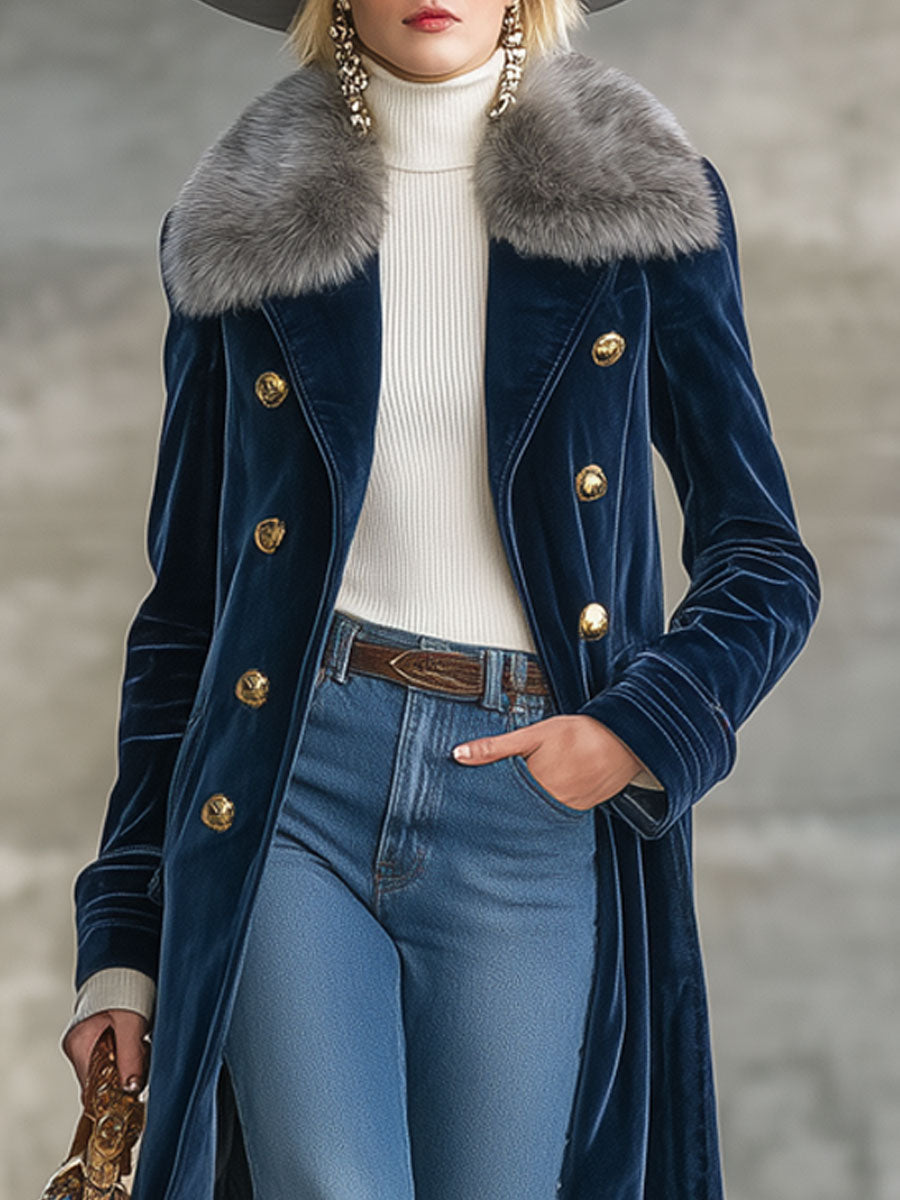 Long Blue Velvet Coat with Retro Fur Collar