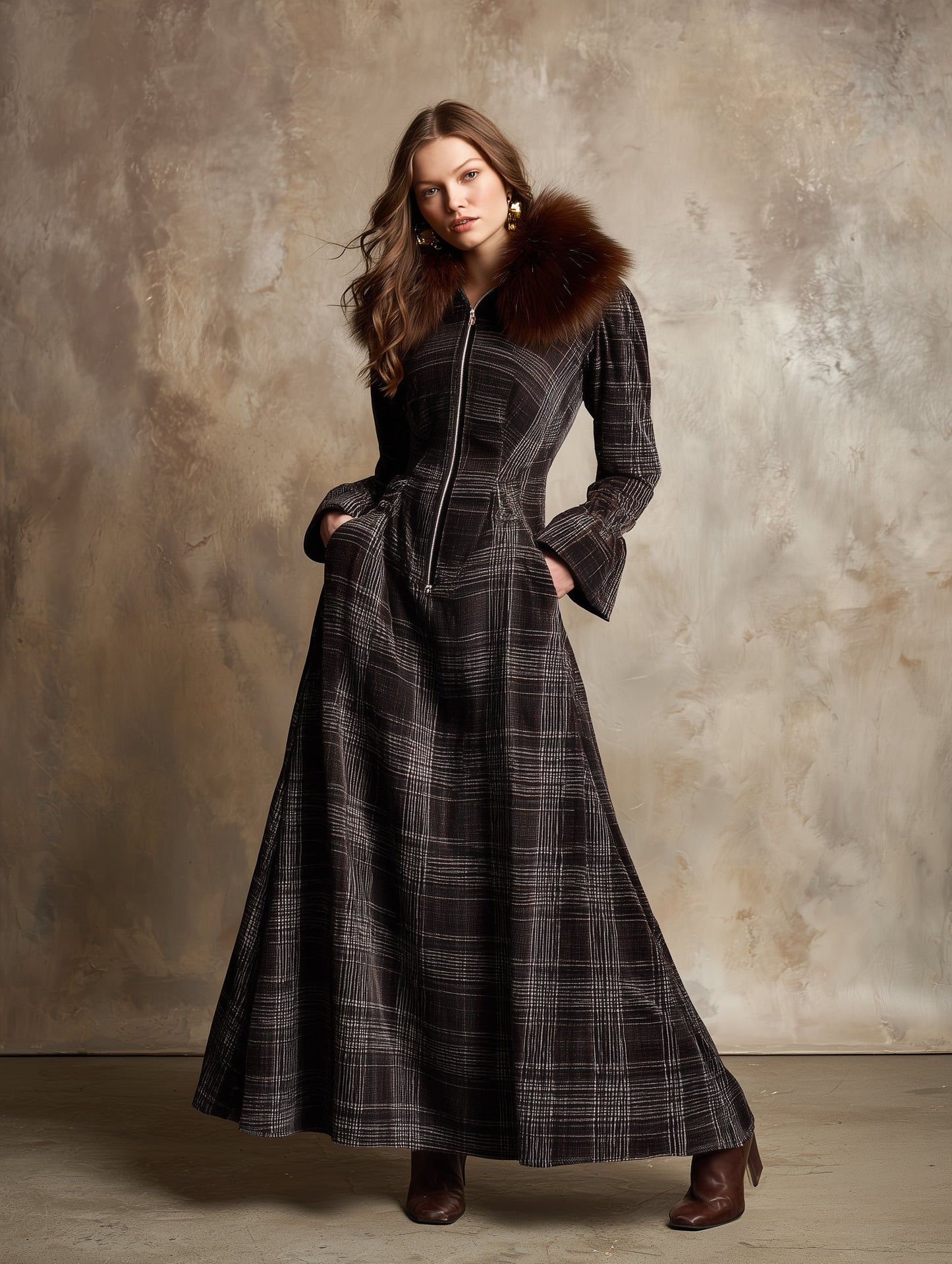 Maxi Robe Chenille Vintage avec Col en Fausse Fourrure à Motif Carreaux