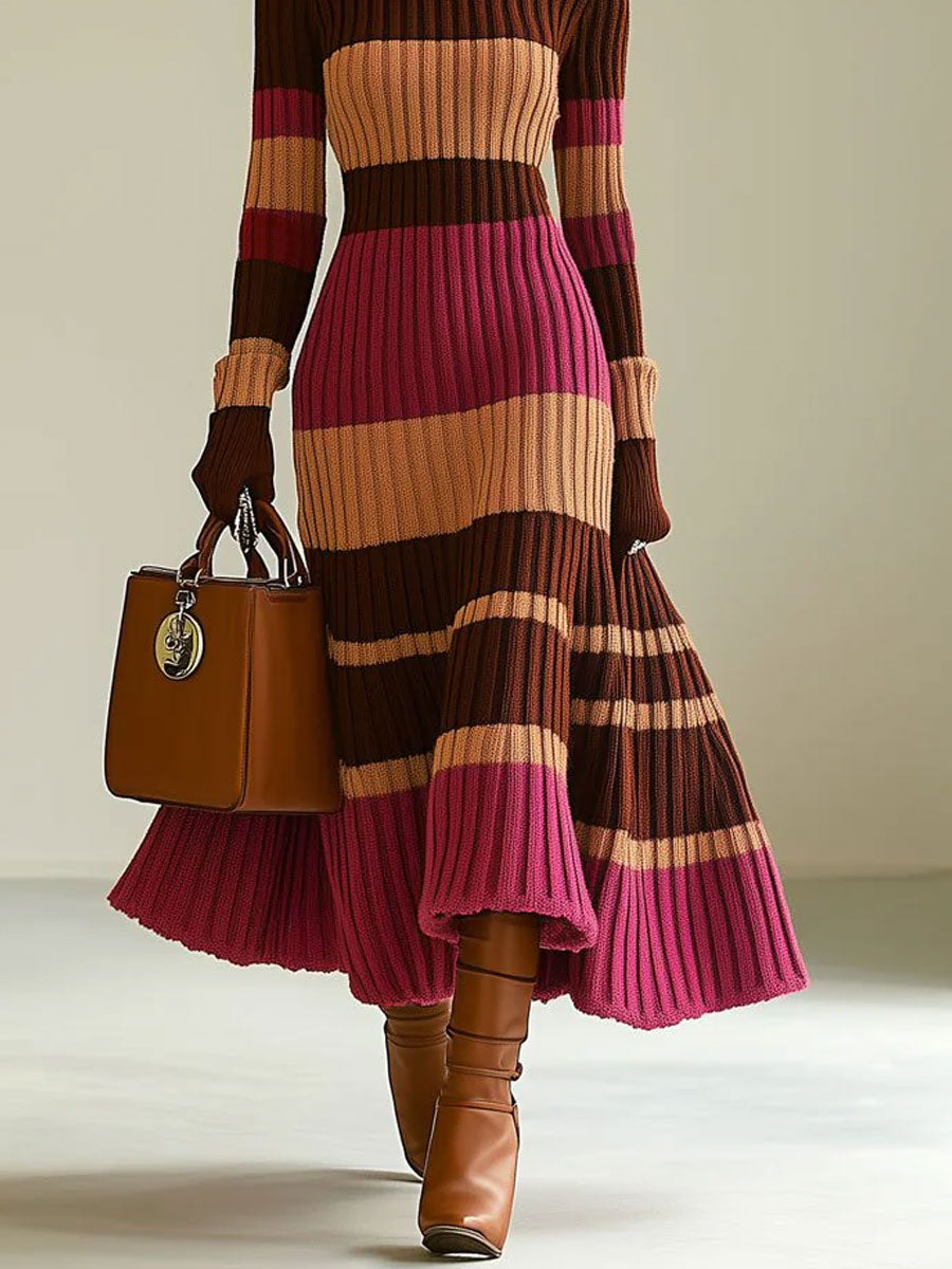Robe Midi Tricotée à Col Montant - Style Rétro avec Rayures Colorées, Expédition Rapide en 24 Heures